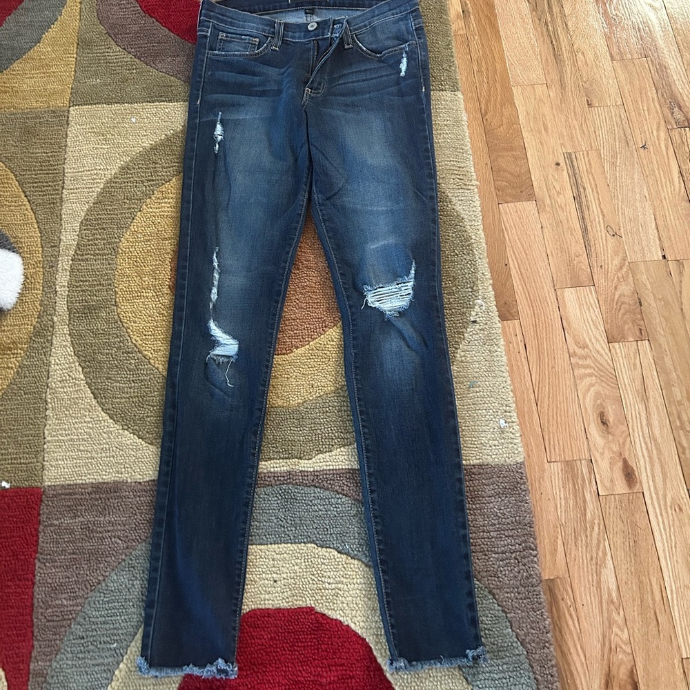 Flying Monkey Dark Wash Distressed Frayed Bottom Stretch Skinny Jeans Size 28